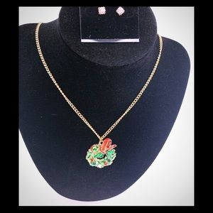 Christmas Wreath Necklace - Crystal Stone Earrings